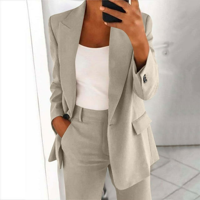 Soki Ensemble Blazer 2 Pcs pour Femmes Bouton devant Manches Longues Blazer et Pantalon Ensemble de Costumes de Bureau Solide