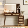 thumbnail image 2 of 47''Vintage Makeup Vanity with Mirror and Lights, Makeup Vanity Desk with 5 Drawers and Storage Shelf, Rattan Drawer Design, 3 Color Modes and Adjustable Brightness Dressing Table,Dark Walnut, 2 of 10