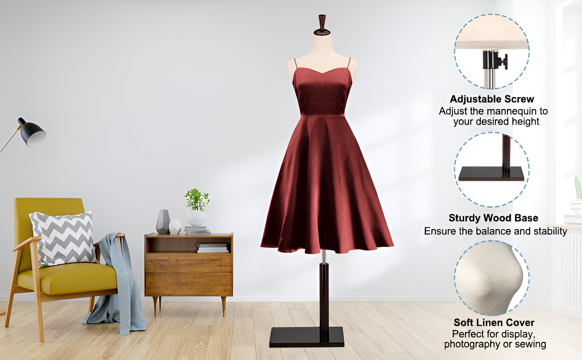 VINGLI Female Dress Form, Mannequin Torso Body with Adjustable Wood Stand for Display Clothes (White, 6-8)