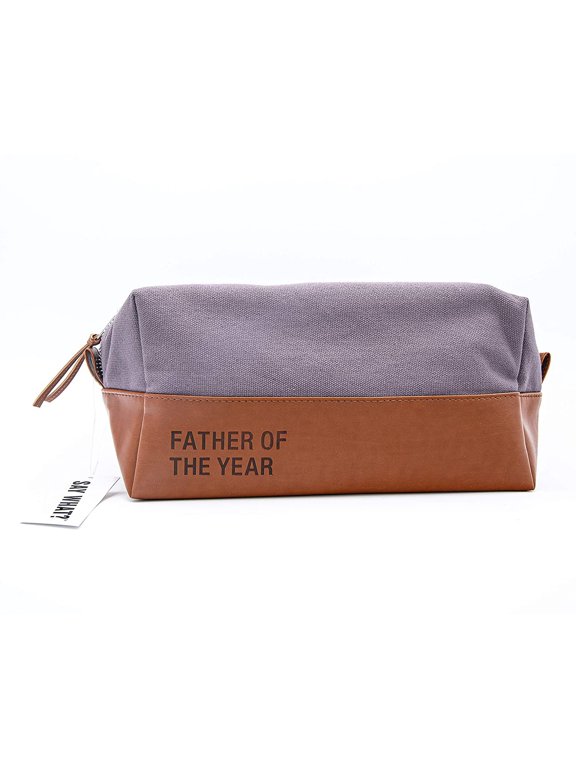 2TC Collection - Father of the Year Travel Toiletry Dopp Kit -Canvas with a Waterproof Lining - Gray and Brown - Father of the Year Travel Toiletry Dopp Kit
