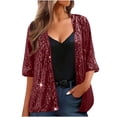 thumbnail image 3 of Women's Sequin Jacket Three Quarter Sleeve Blazer Top for Casual Party Night Out Vacation Beach Clubwear Fashion Essential Gift for Ladies | CSEONE,Wine XL, 3 of 8