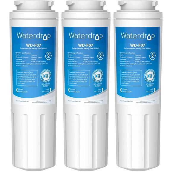 Waterdrop EDR4RXD1 Refrigerator Water Filter, Compatible with Everydrop by Whirlpool Filter 4, UKF8001, 4396395, 469006, Puriclean II, 3 pack
