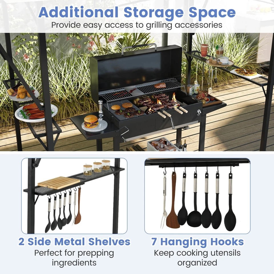 Harmijoy 13' x 5' Grill Gazebo with Dual Side Awnings 2 Shelves 7 Hooks Adjustable Shadow