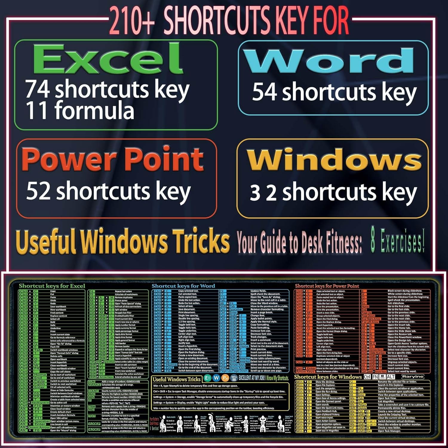 Excel/Word/Power Point/Windows Mouse pad,Non-Slip&Waterproof Large Gaming Office pc Desk mat,Over 200 Keyboard Shortcuts Mousepad