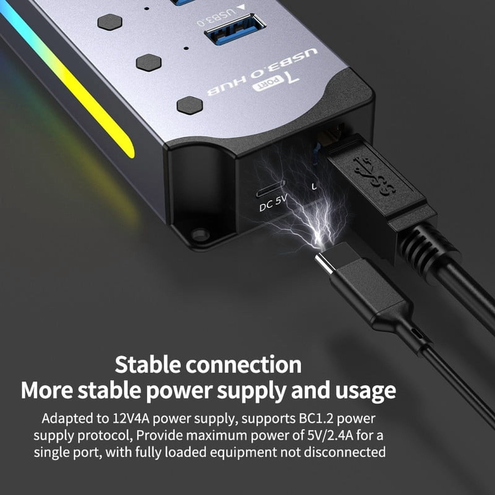 7-Port USB Hub Aluminum USB 3.0 Hub Data Transfer with Individual Switches, RGB Gaming USB Hub, External Expansion Data Hub for PC Laptop Desktop Computer