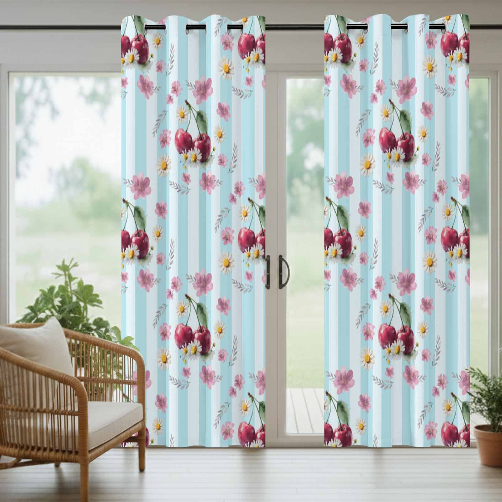 Red Cherry Outdoor Curtains for Patio, Country Farmhouse Pink Flower Leaf Blue Stripe Sunshade Privacy Drapes Grommet Waterproof Outside Curtains for Porch/Cabana/Balcony 54"x 108", 1 Panel