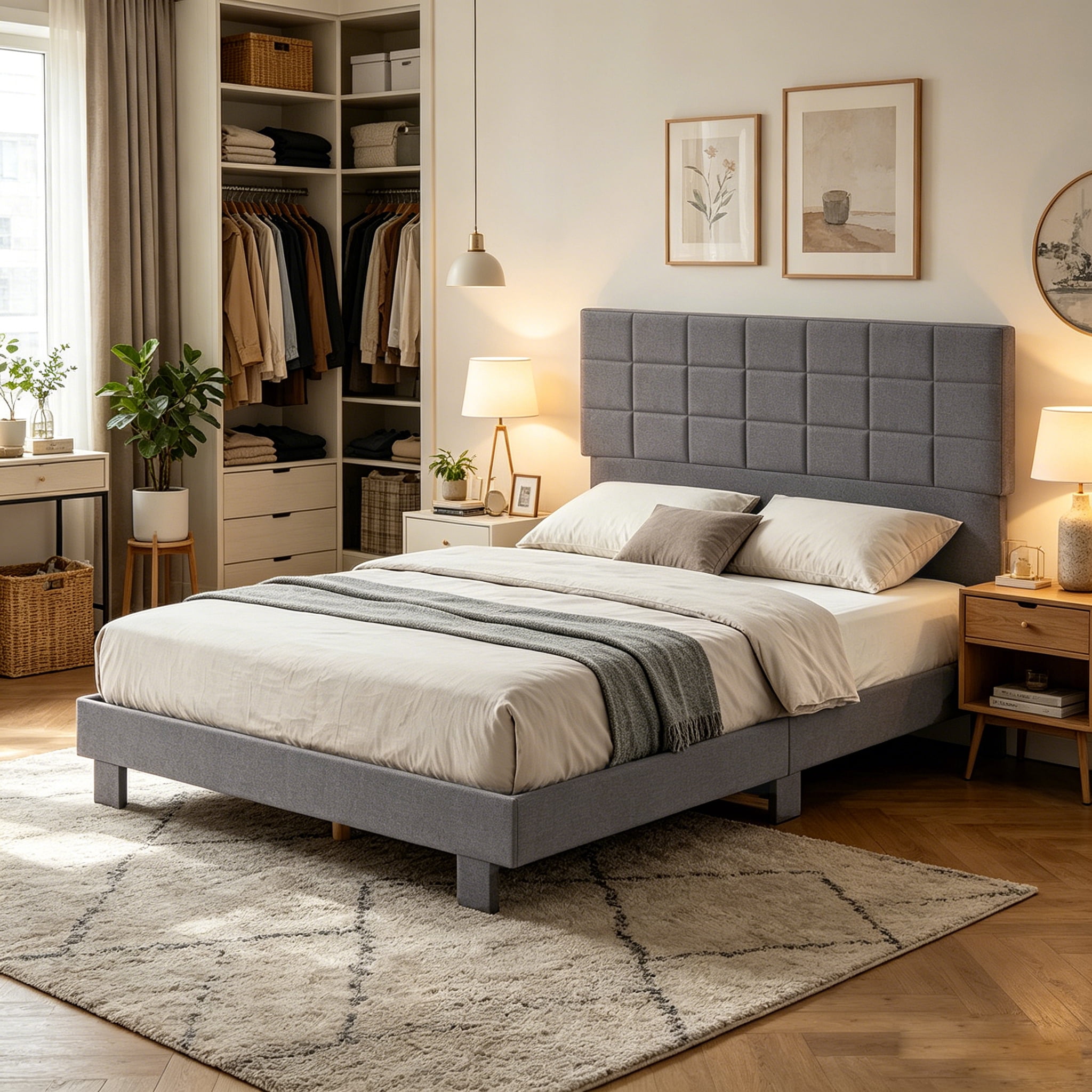 BSHTI Full Bed Frame with Adjustable Headboard, Linen Upholstered Platform Bed Frame with Wooden Slats Support, No Box Spring Needed for Bedroom, Guest Room, Apartment, Dark Grey