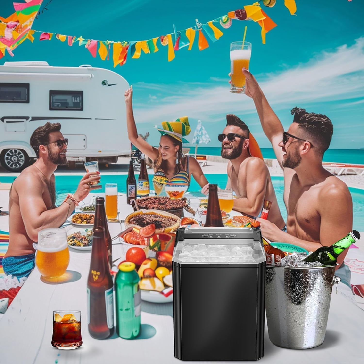 Ice Maker, Portable Countertop Icemaker Machine, Self Cleaning Quiet 2 Sizes Bullet Cubes Makers, 9 Cubes in 6 Mins, 26lbs/24Hrs with Ice Scoop, Basket for Home Kitchen Party,Black