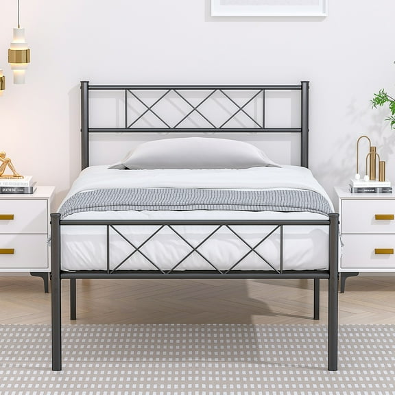 VECELO Twin Size Metal Bed Frame, Platform Bed Frame with Crisscross Headboard and Footboard, 12.6 Inches Metal Mattress Foundation for Storage, No Box Spring Needed, Easy Assembly, Black