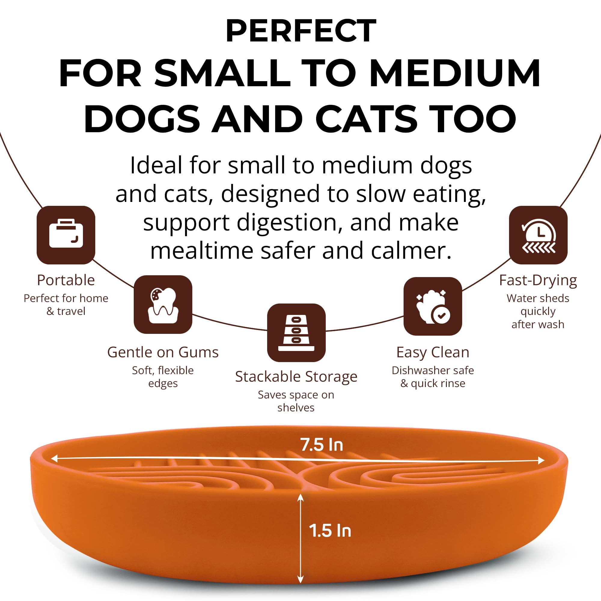 Slow Feeder Dog Bowl, Non Slip Base Puzzle Feeder for Small Medium Dogs, Dishwasher Safe Pet Bowl Promotes Eating Habits, Reduces Bloating Choking, Terra Cotta Design, Orange