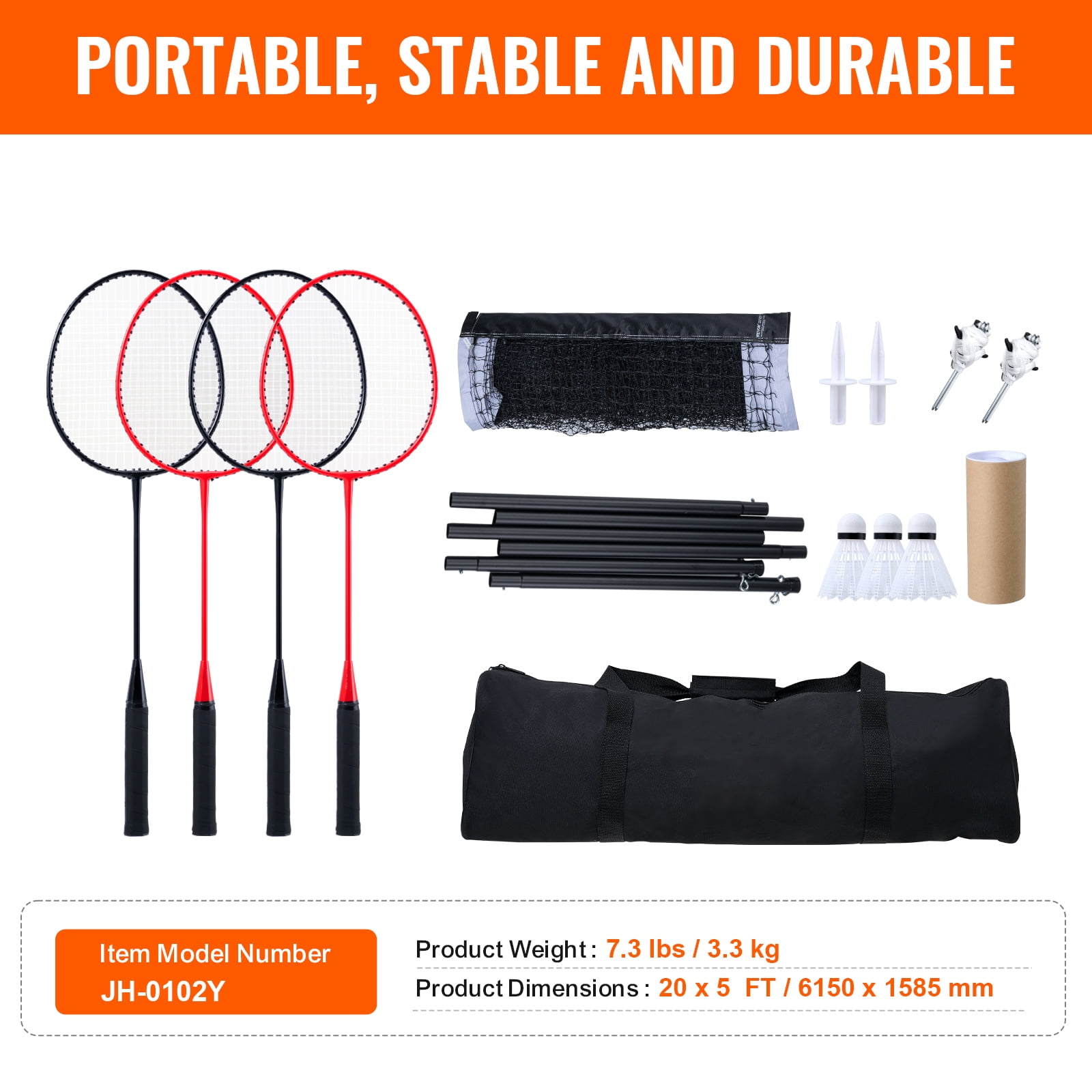 KFFKFF Complete Badminton Set for Outdoor Fun - Ideal for Beach, Park, Backyard with Net, Poles, Durable Carrying Case, 4 Metal Rackets & 3 Birdies