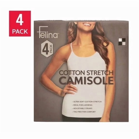 Felina Women's Cotton Stretch Camisole, 4-pack ( (2) Black, (1) White, (1) Coconut Chip, Medium)