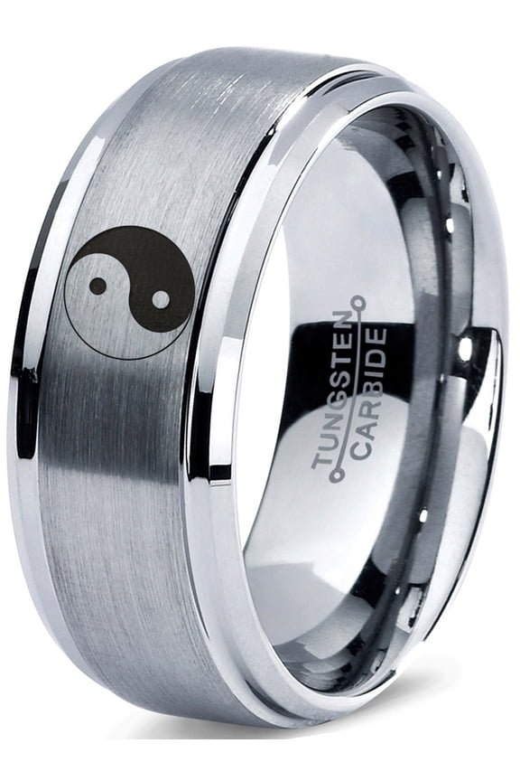 Tungsten Yin-Yang Band Ring 8mm Men Women Comfort Fit Gray Step Bevel Edge Brushed Polished Size 8
