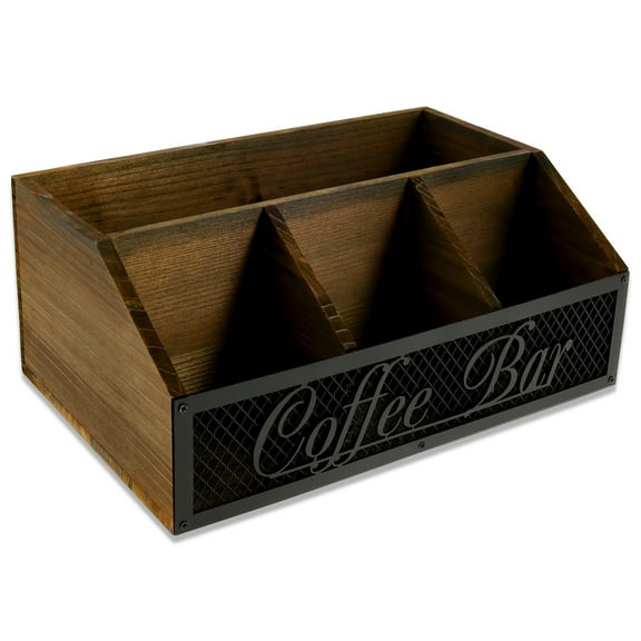 Wood and Metal Mesh Coffee Station Organizer Vintage Coffee Bar Organizer Space Saving Tea Bar Accessory Organiser for Countertop