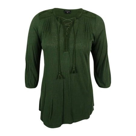 Lucky Brand Women's Trendy Plus Size Lace-Up Peasant Top (Thyme, 1X)
