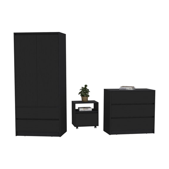 Miekor Furniture Beloit 3 Piece Bedroom Set, Nightstand Dresser Armoire, Black W4US0244