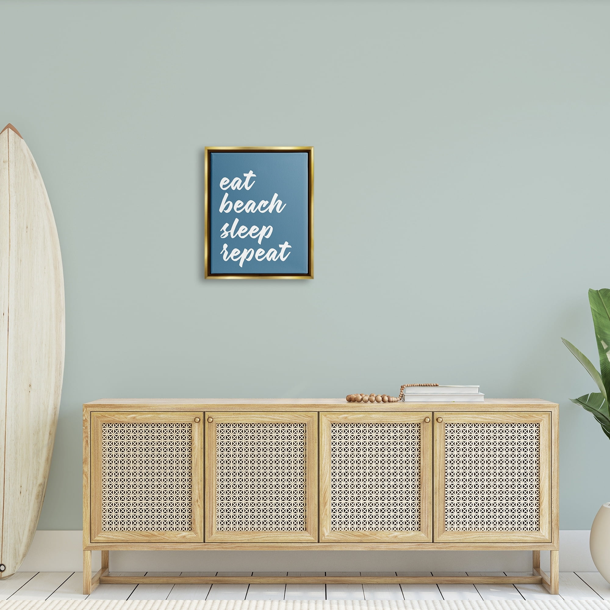 Stupell Industries Eat Beach Sleep Repeat Blue Script Phrase Graphic Art Metallic Gold Floating Framed Canvas Print Wall Art, Design by Lettered and Lined