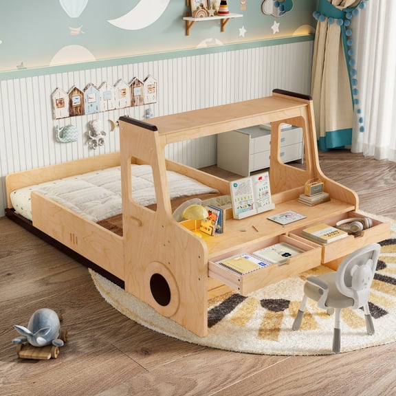 Twin Size Car-Shaped Floor Bed - with Storage Drawers, Window & Desk for Bedroom,Natural
