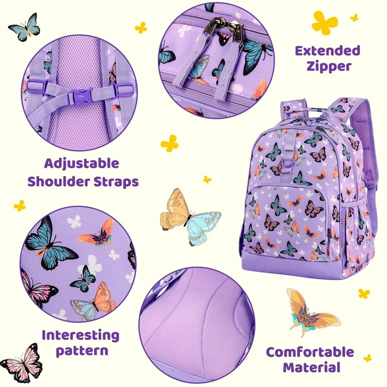 Choco Mocha Butterfly Backpack for Girls Backpack Elementary School Backpack for Kids 17 inch Bookbag School Bag Purple