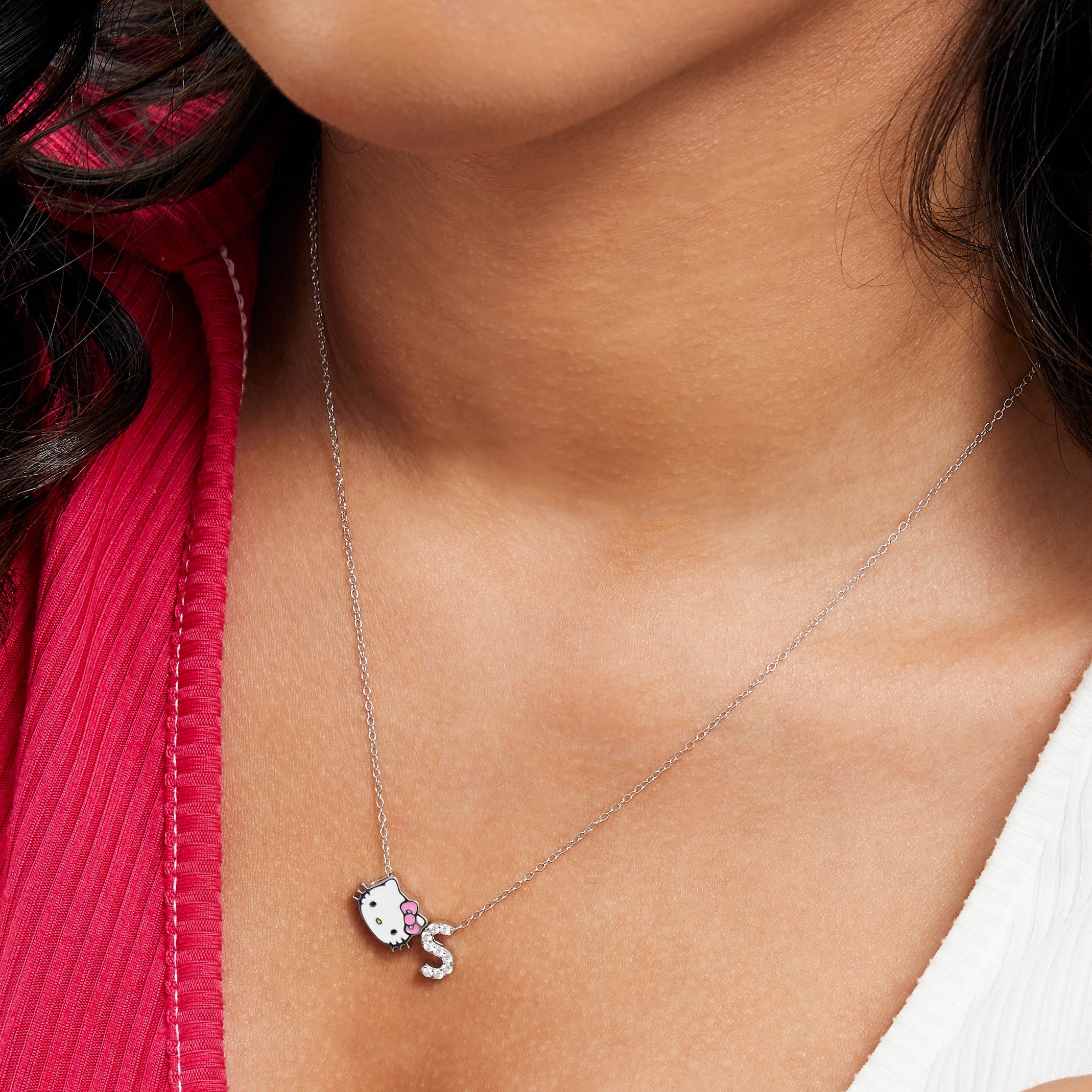 Hello Kitty Sliding Enamel Pave Initial Necklace - Letter B