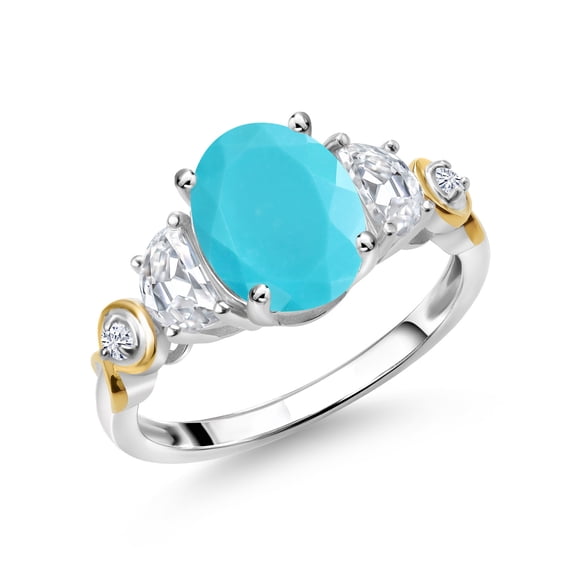 Gem Stone King 925 Silver and 10K Yellow Gold Oval Green Turquoise and Moissanite 3-Stone Ring for Women (2.00 Cttw, Size 5)