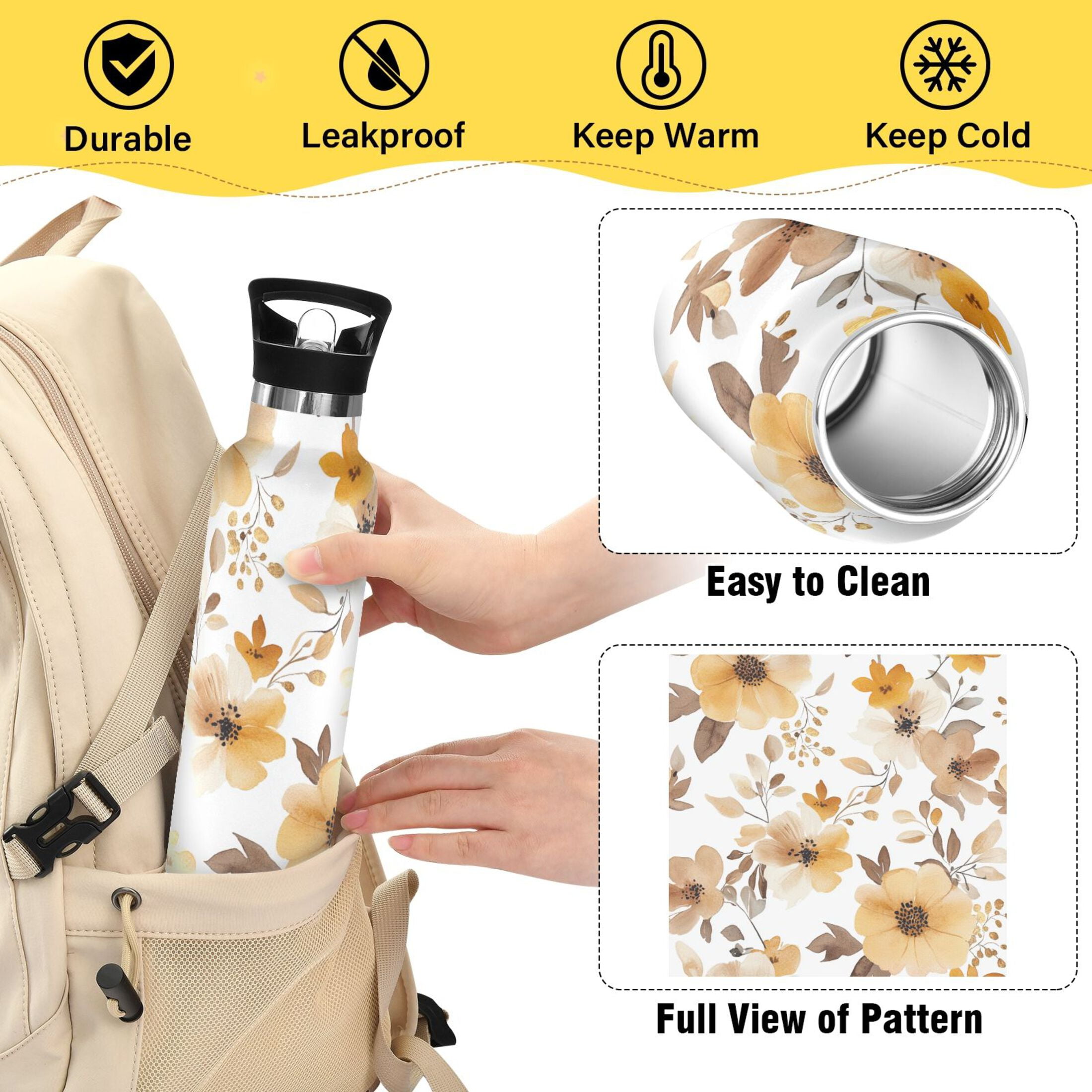 600ML Stainless Steel Insulated Cup Sports Water Bottle Portable Thermos Cup Water Glasses Insulated Tumblers Convenient and Durable Charming Golden Flowers