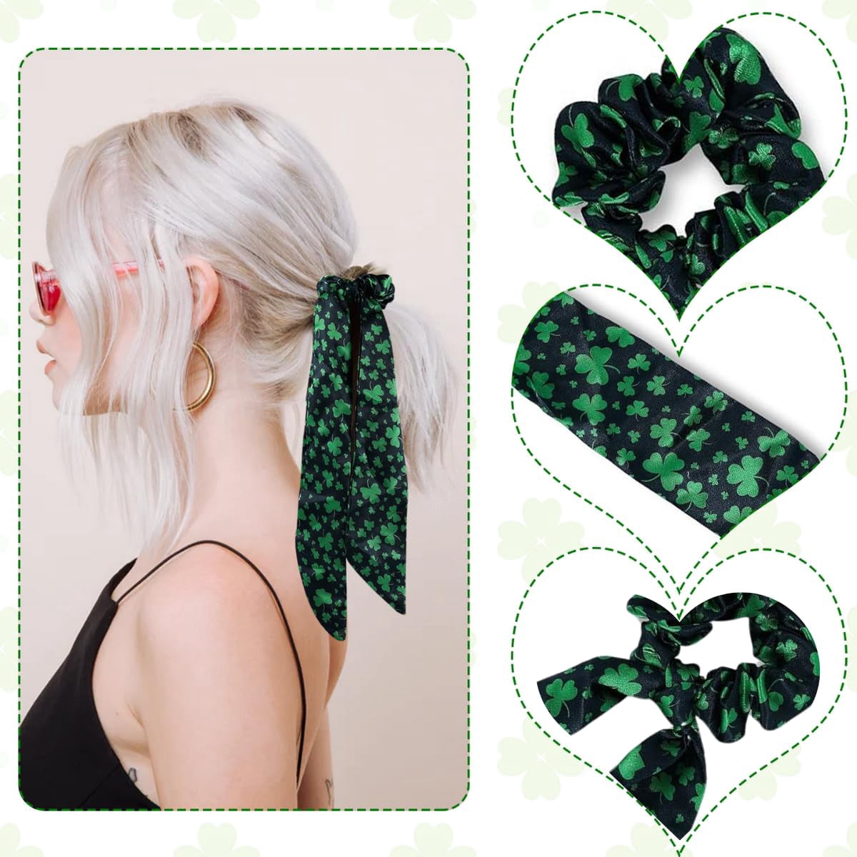 St. Patrick's Day Hair Scarf Scrunchie Green Shamrock Elastic Hair Scrunchies for Women Ponytail Holder Hair Accessories
