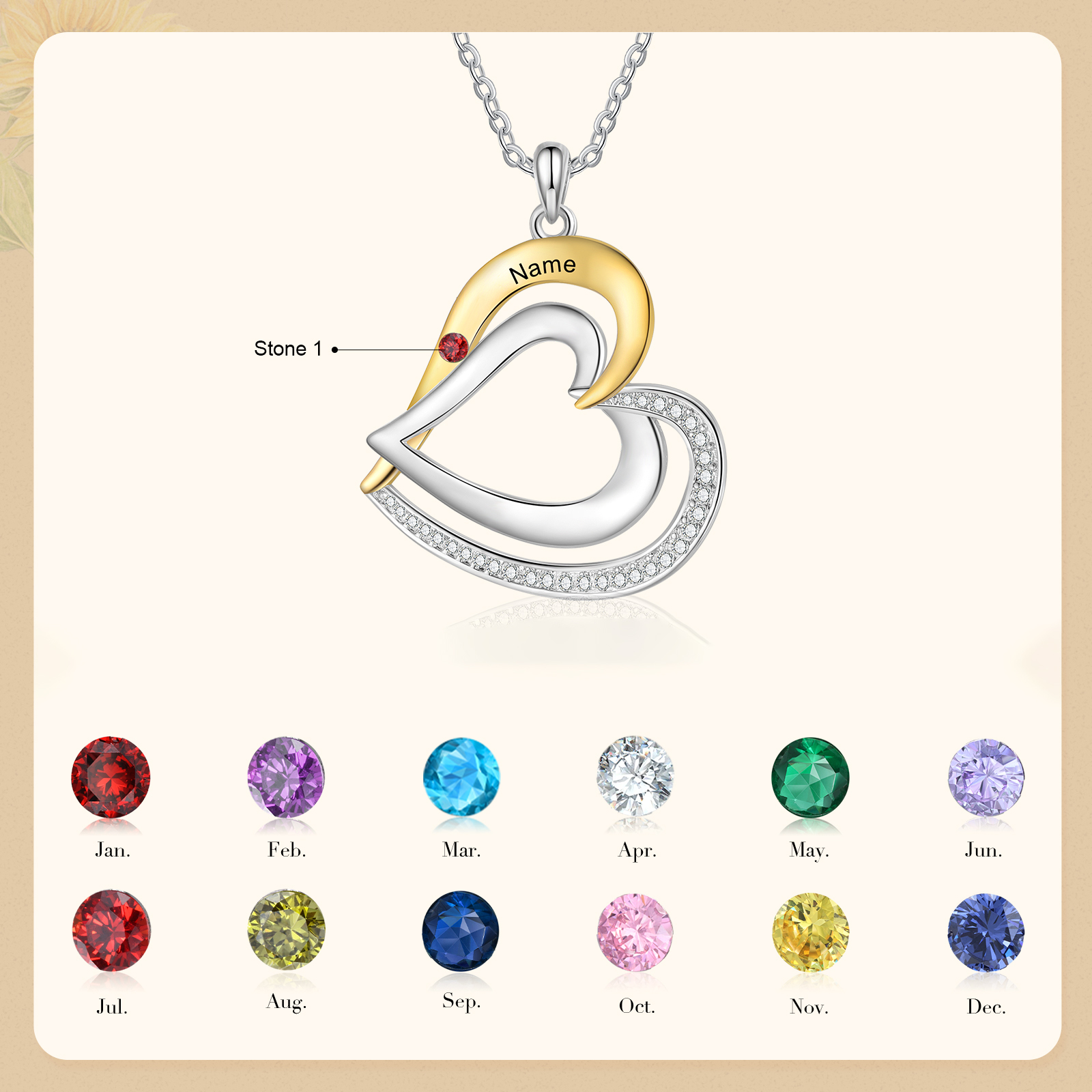 Mementos Personalized Heart Family Necklace for Women Sterling Silver with Birthstone and Name