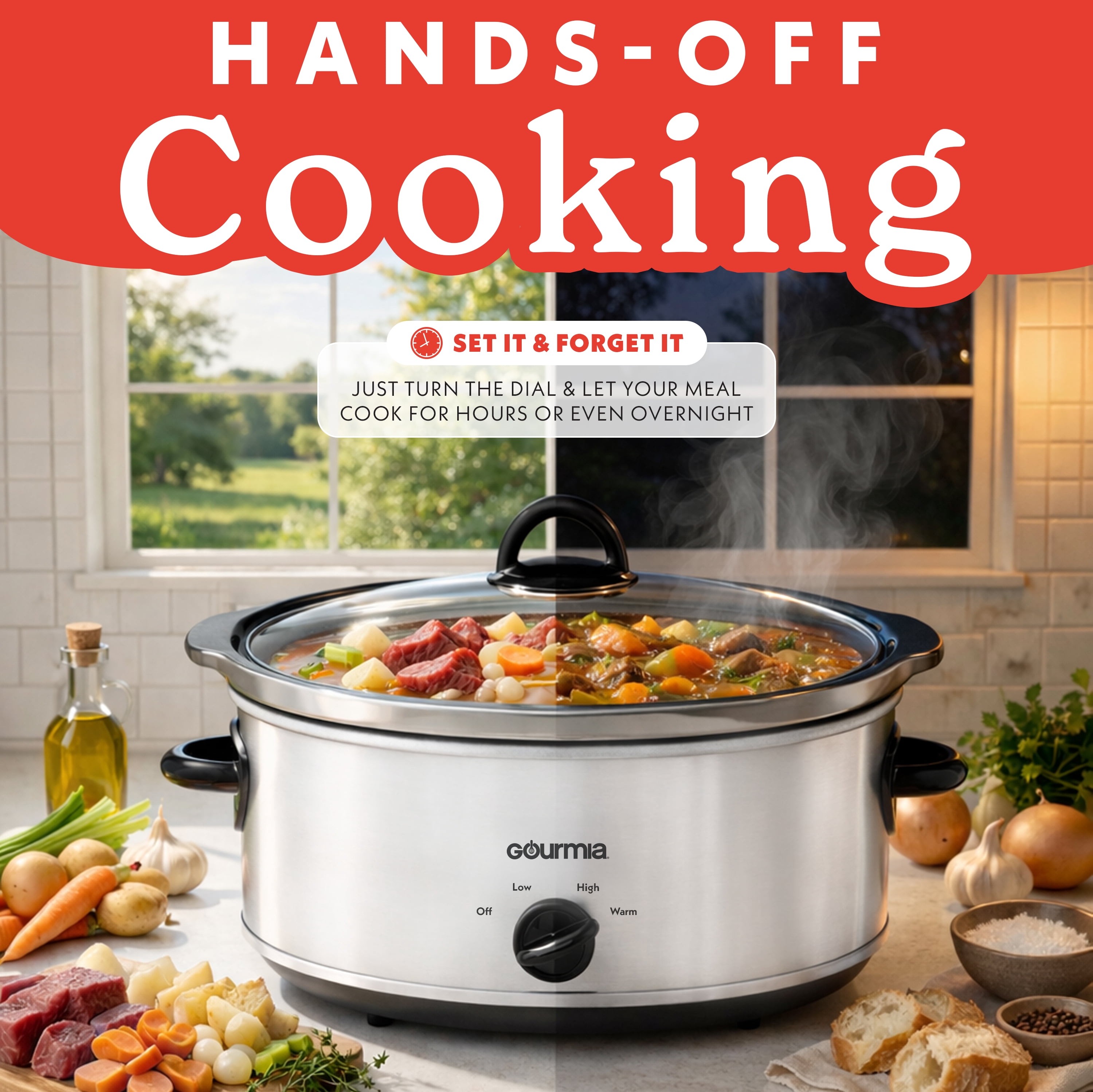 Gourmia 6 Qt Manual Slow Cooker, 3 Heat Settings, Removable Ceramic Pot, White