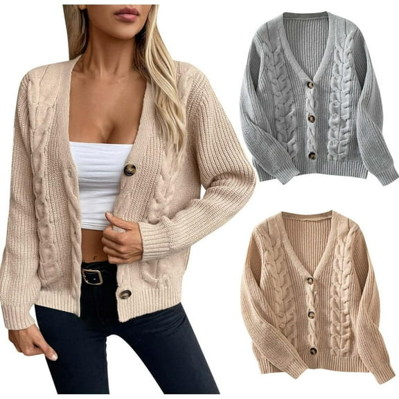 Bxsruta Womens Cardigan, Women's Casual Round Neck Long Sleeve Sweater Knitted Stripe Loose Blouse Tops, Khaki L