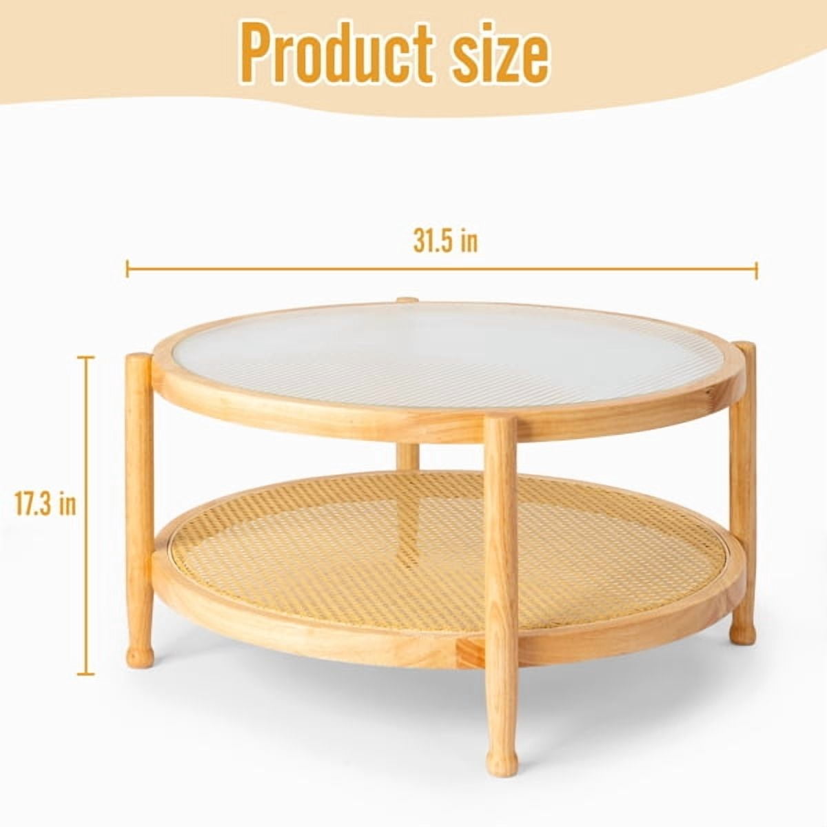 31.5" Round Rattan Coffee Table - Tempered Glass Top , Hand-Woven Rattan Shelf, Rubberwood Frame, Indoor/Outdoor for Living Room, Patio, Bedroom