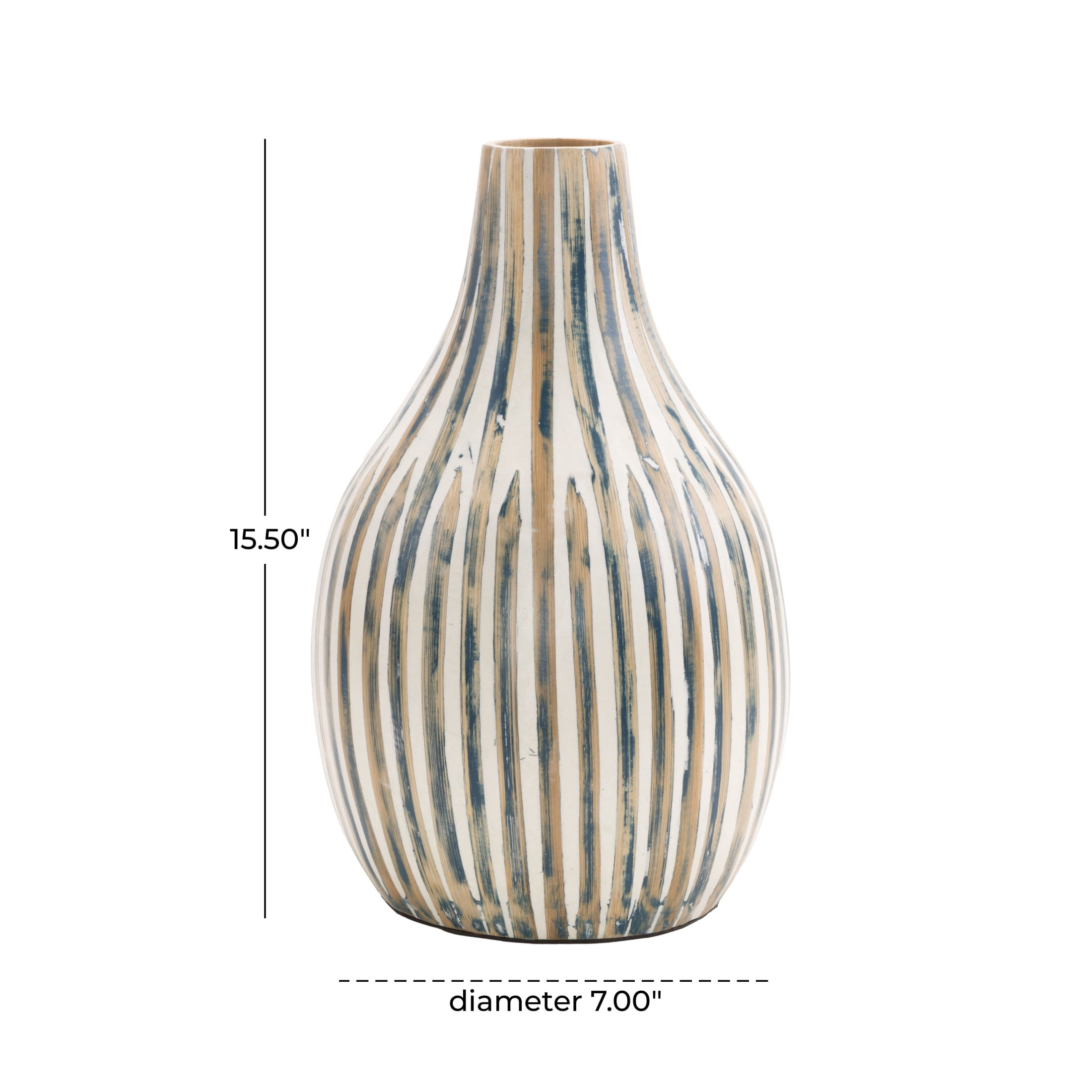 DecMode 16" Brushed Blue Bamboo Wood Vase with Cream Accents and White Stripes