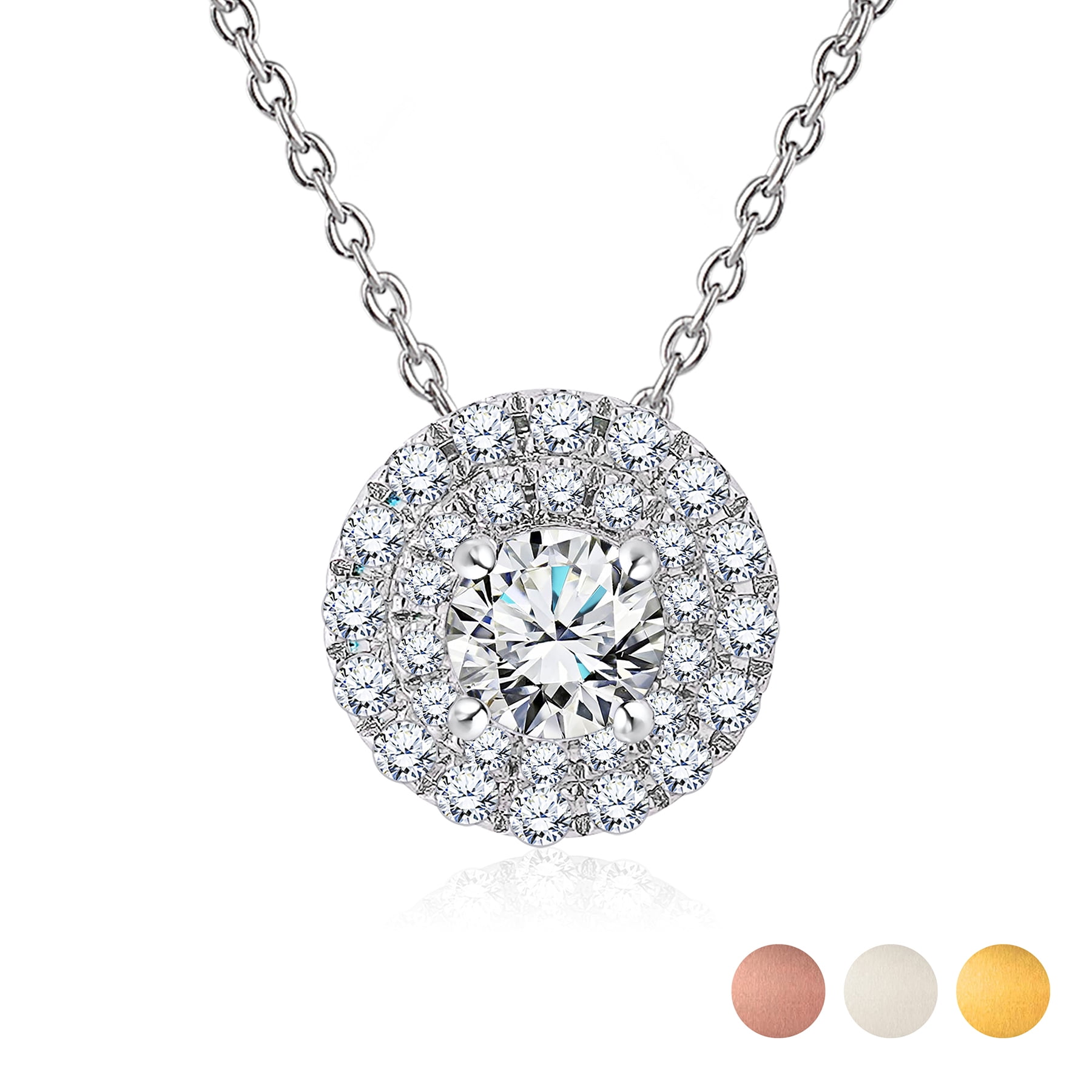JeenMata Lab Grown Diamond 1 Carat Round Cut Double Halo Pendant Necklace in 18K White Gold Plating for Women