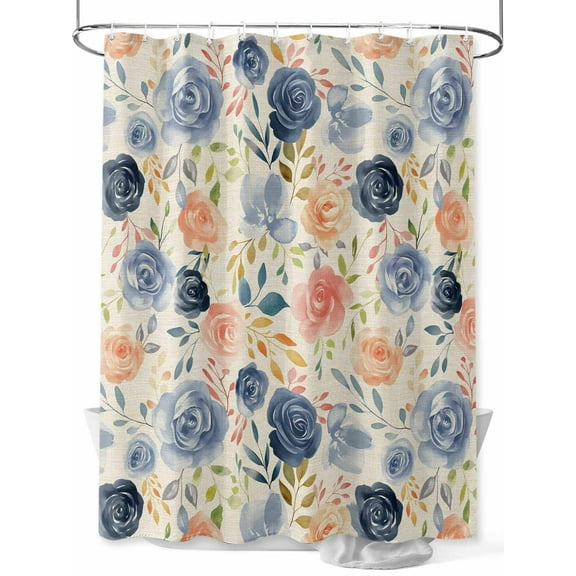 Shower Curtain Blue Pink Rose Bathroom Curtains with Hooks, Waterproof Fabric Vintage Flowers Leaves Bath Shower Curtains Set for Bathroom Bathtubs Decor 36x72 Inch
