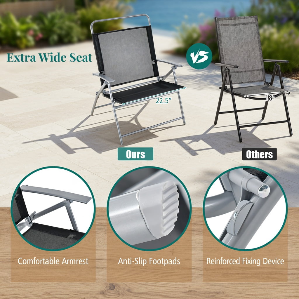 Hommoo 3-Piece Folding Outdoor Patio Chair Set with Tempered Glass Coffee Table, Metal Conversation Set for Backyard, Poolside & Balcony, Black