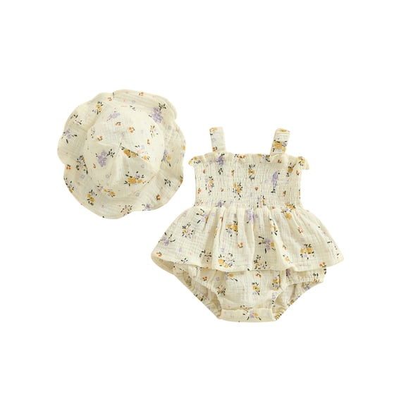 BemeyourBBs Newborn Baby Girl Summer Clothes Smocked Romper Dress 2 Pieces Outfit Sleeveless Ruffle Bodysuit Floral Tutu Dress with Sun Hat Set