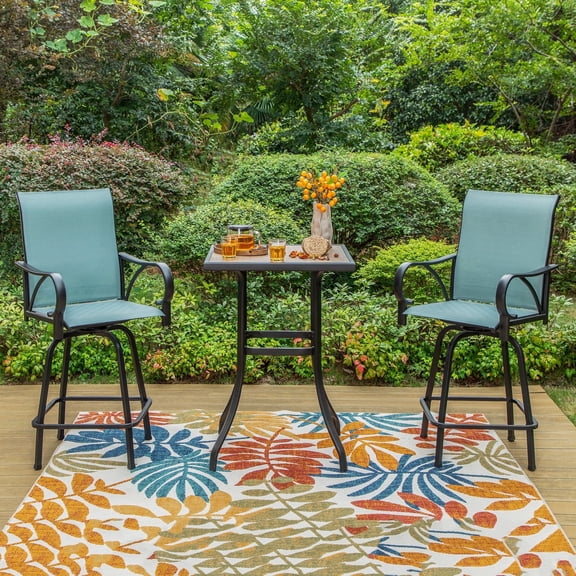 SUMMIT LIVING Metal Outdoor Swivel Bar Stool Dining Set of 3, 2 Patio High Back Swivel Armrest Chairs&1 Bistro Bar Table, Black & Aqua