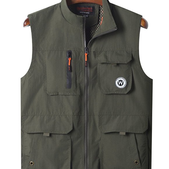 SUTENGDA Men‘s Quick-Dry Vest - Non-Shrinking & Non-Fading Zipper Front Multi-Pocket Tactical Sleeveless Jacket - Navy Blue with Orange accents - Stand-Up Collar for Outdoor Travel Eve