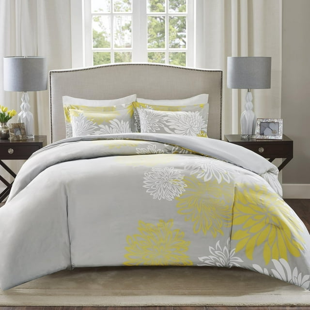 Comforter SetModern Floral Design All Season Down Alternative Bedding Matching Shams Bedskirt Decorative Pillows King ( in x in) /