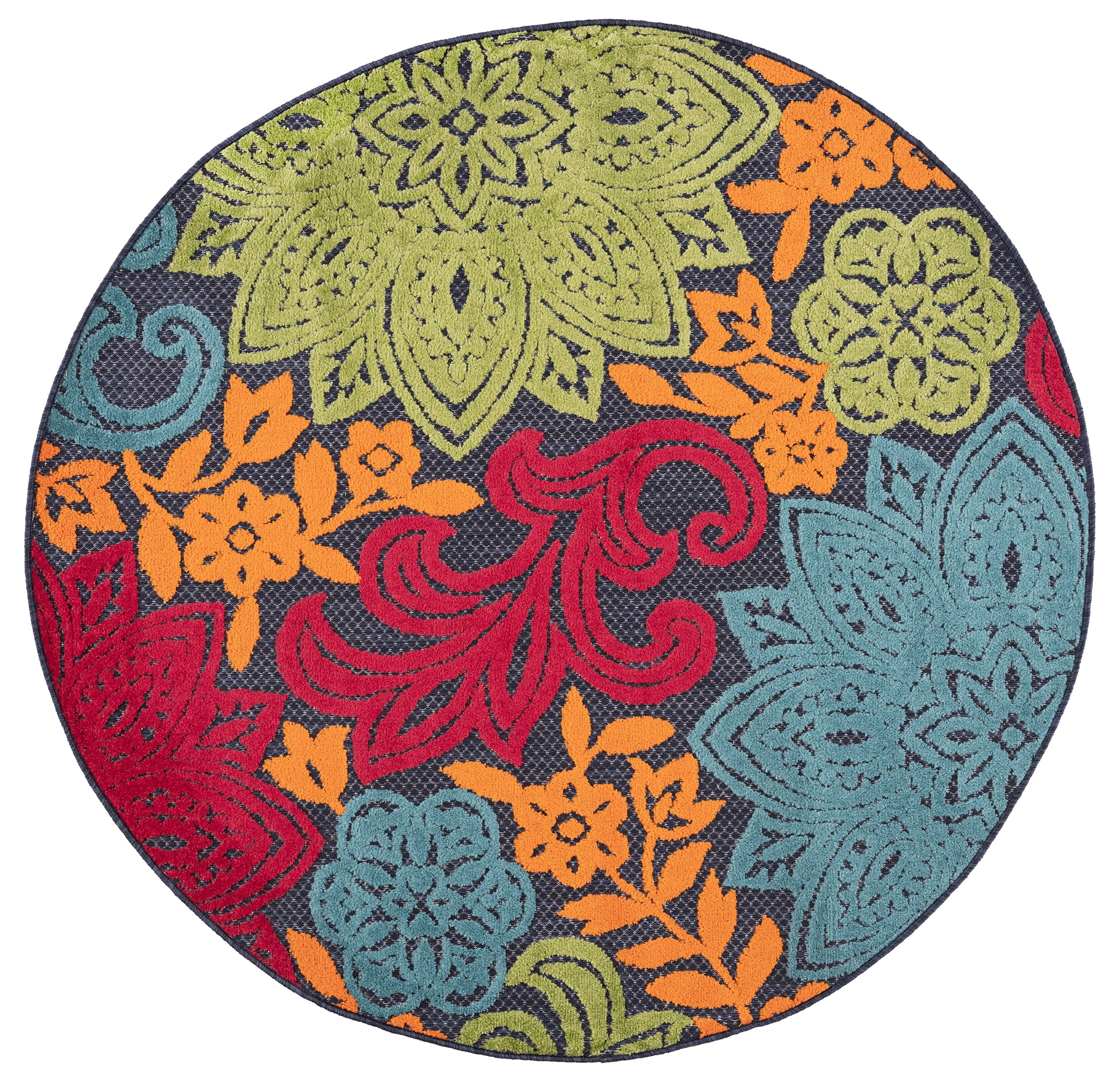Oasis Modern Floral Navy and Aqua Polypropylene Indoor Outdoor Area Rug, 5'x5' Round