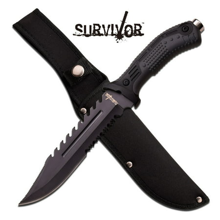 FIXED BLADE KNIFE Survivor Black Tactical Serrated Full Tang Rubber EDC