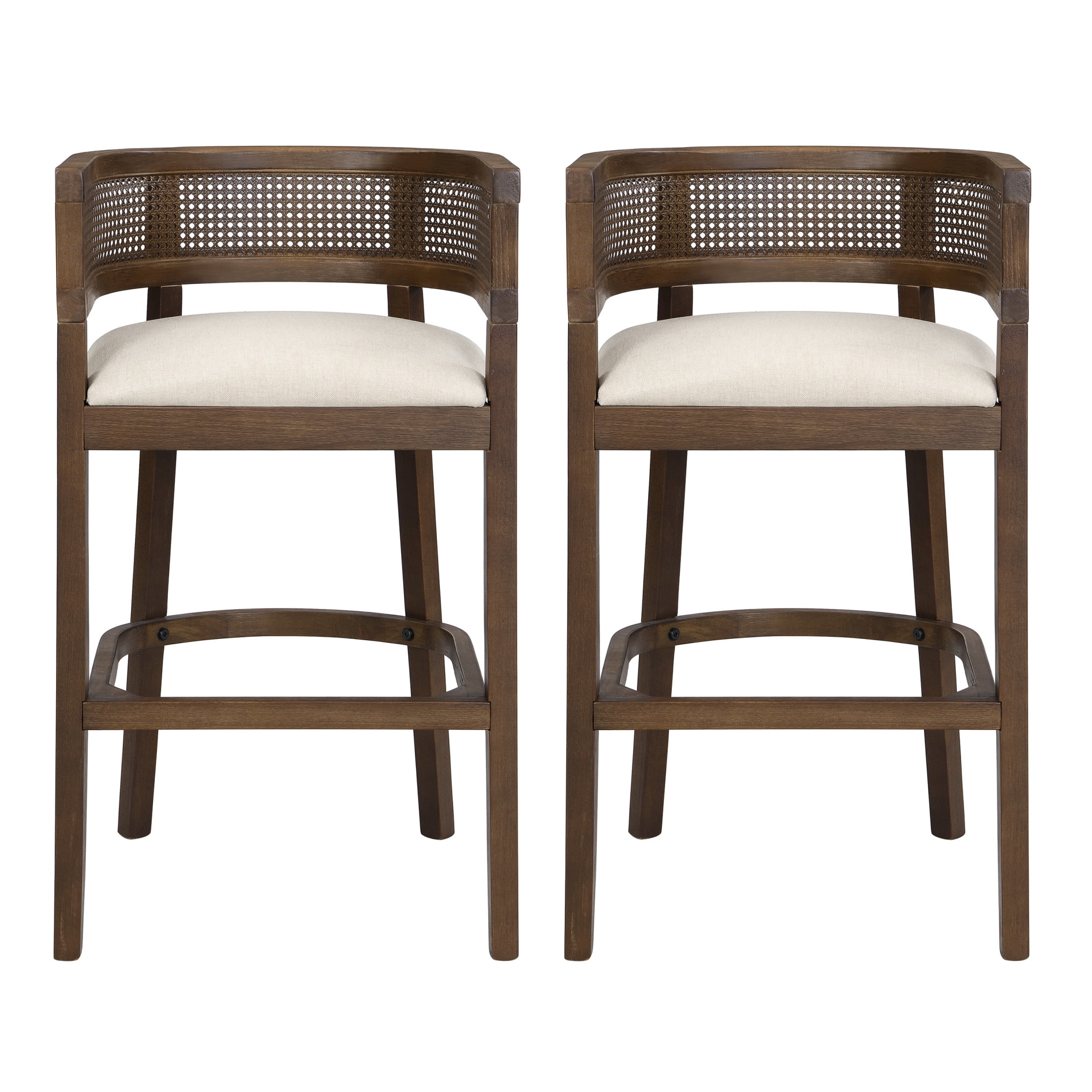 Christopher Knight Home 29.5" Upholstered Bar Stools, Wood Frame with Rattan Back, Walnut, Set of 2