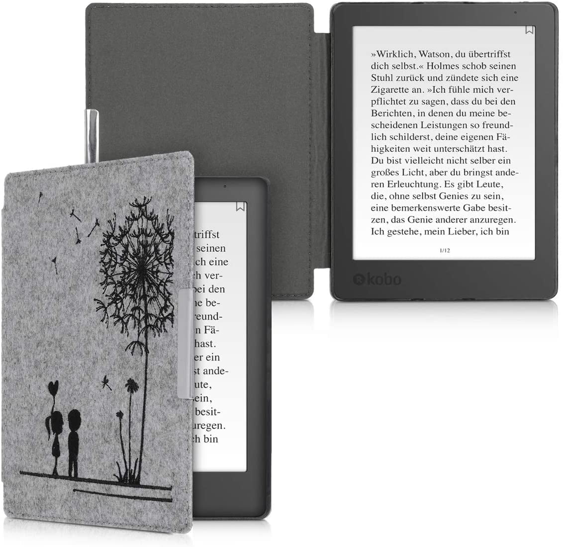 Fabric Dark Grey kwmobile Cover for Kobo Aura H2O Edition 2 Fabric e-Reader Case with Built-In Hand Strap and Stand