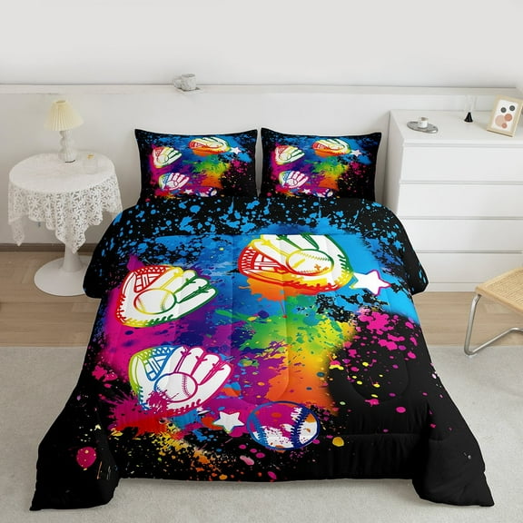 Manfei American Baseball Child Bedding Comforter Set, Fuchsia Watercolor Twin Comforter Sets, Ball Game Player Bedding Set, Microfiber Bedroom Decor, 2 Pieces