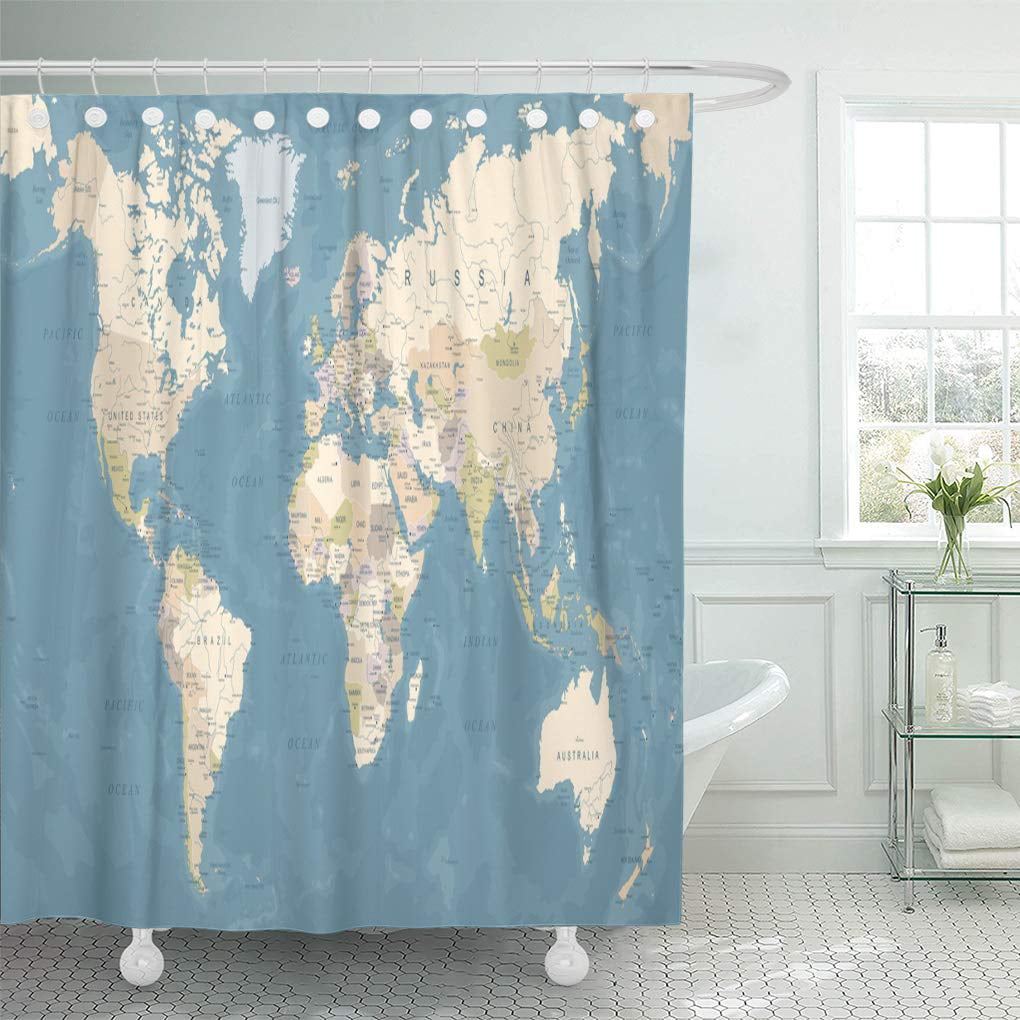 71" Vintage Shower Curtain World Map Printed Bathroom Waterproof Fabric Poster 