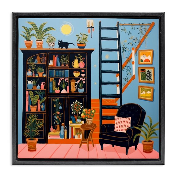 Stupell Industries Eclectic Fun Bookshelf Furniture Painting Black Floater Framed Canvas Art Print Wall Art, 25 x 25
