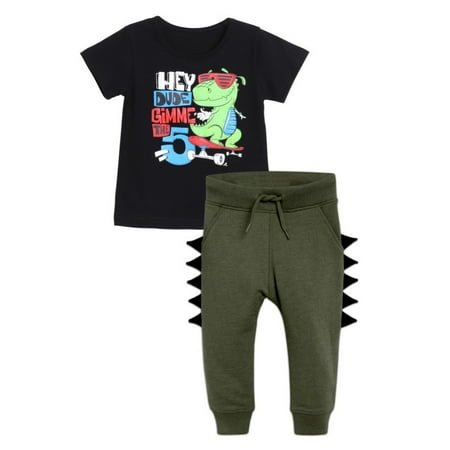 

Toddlers Long Pants + Summer T-shirt Set Little Boy Cartoon Dinosaur Print Short Sleeve T-shirt + Casual Drawstring Elastic Sweatpants