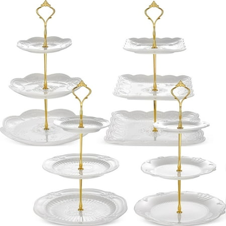 

4 Pack 3 Tier Cupcake Stand Ceramic Cake Tower Stand Three Tiered Serving Tray Dessert Table Display Set for Pastry Fruit White Vintage Porcelain Embossed Platter for Wedding Birthday Party