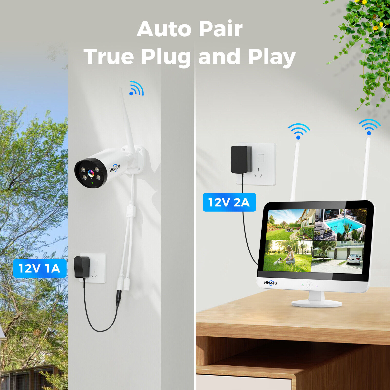 Hiseeu 3MP 10CH WiFi Wireless Security Camera System Home 2 Way Audio 12in LCD Monitor NVR with 1TB HDD