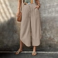 thumbnail image 4 of Lenpel Linen Pants Women Cotton Elastic High Waisted Drawstring Side Button Cropped Wide Leg Pants Baggy Casual Trousers, 4 of 6
